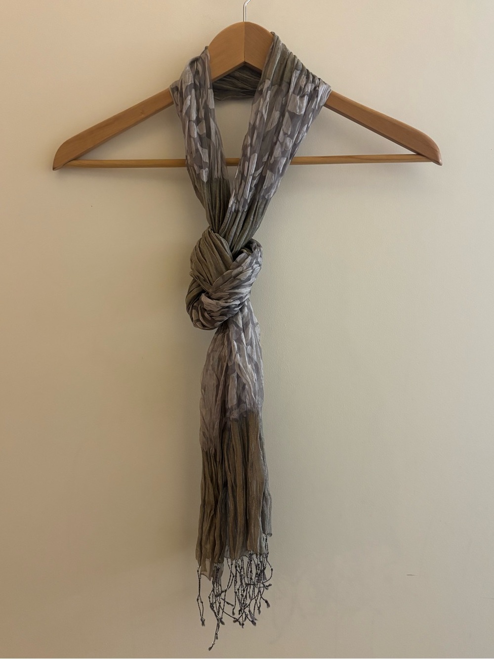 Vintage Grey & Silver Crinkled Scarf with Beaded Fringe